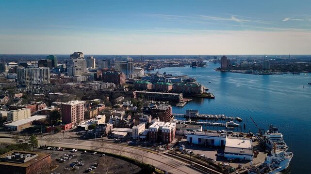 Aerial view of Norfolk Virginia skyline and Elizabeth River at sunset