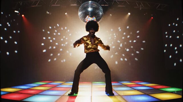 Medium shot of african american man dancing under disco ball. Performer in gold shirt and black pants posing on colorful dance floor. Retro nightclub performance sequence.