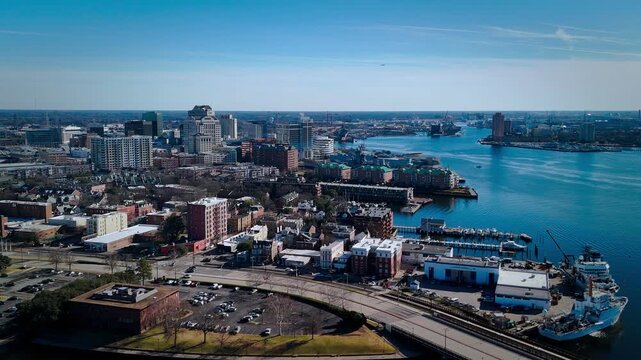 Aerial view of Norfolk Virginia skyline and Elizabeth River at sunset
