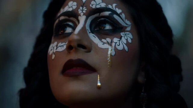 Woman with sugar skull makeup looking at the moon during Dia de los Muertos.