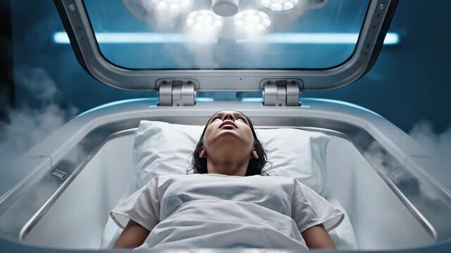 Woman entering cryogenic sleep in high-tech chamber. Futuristic pod sequence with enveloping mist and awakening gaze. Sci-fi rejuvenation and relaxation concept in advanced wellness technology.