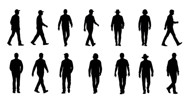 Collection of various black silhouettes of men walking in different poses silhouette