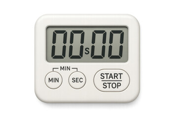 White digital kitchen timer showing zero display