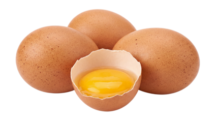 Fresh Brown Eggs with Yolk Isolated: Whole and cracked eggs showing golden yolk on a white background, symbolizing nutrition, protein, and natural food ingredients.
