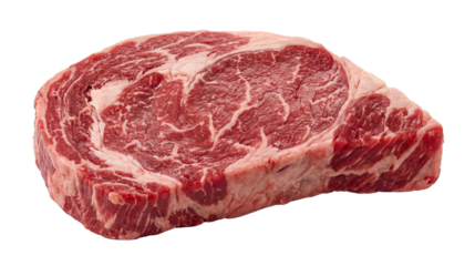 Raw Beef Ribeye Steak Isolated: Fresh marbled ribeye cut on a white background, symbolizing premium meat quality, cooking preparation, and culinary excellence.