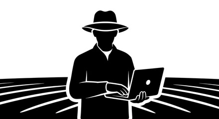 A black silhouette of a man wearing a hat using a laptop with lines radiating from behind him silhouette