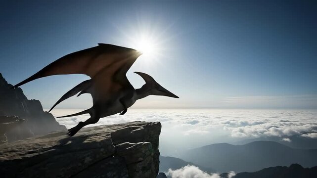 Pterosaur Model on Mountain Peak During Sunrise Overlooking Clouds and Landscape