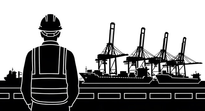 A construction worker in a hard hat looking out at a busy port with cranes and ships docked silhouette
