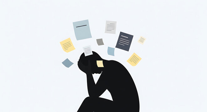 A stressed businessperson sits surrounded by floating papers and documents in a chaotic office environment with a blank expression silhouette