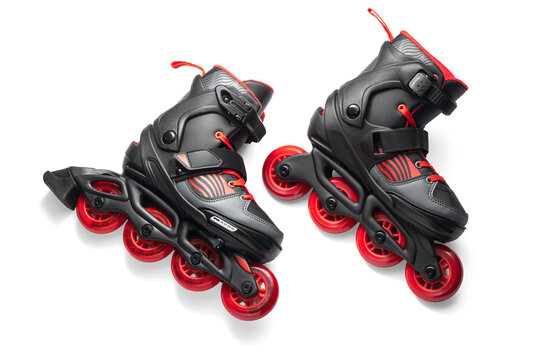 Black And Red Inline Roller Skates With Red Wheels For Fitness And Fun Adventure Outdoor, Roller blades isolated on white background