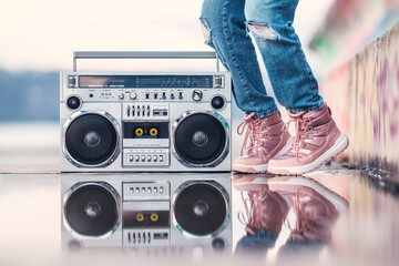 Young girl in streetwear jeans and boots carrying a retro boombox against graffiti wall, urban energy