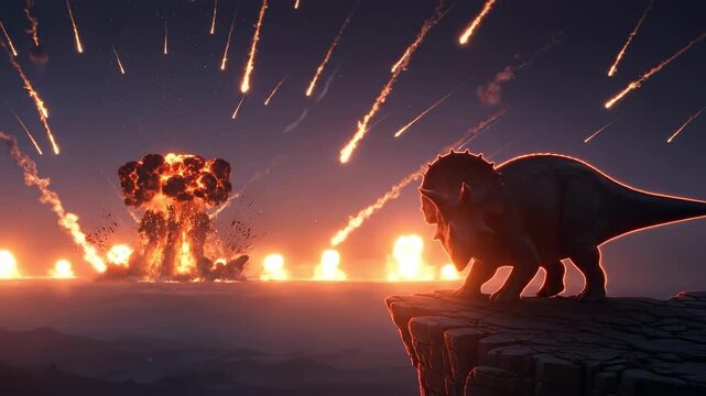 Dramatic Triceratops Silhouette Against Fiery Sunset with Falling Meteors in Prehistoric Landscape
