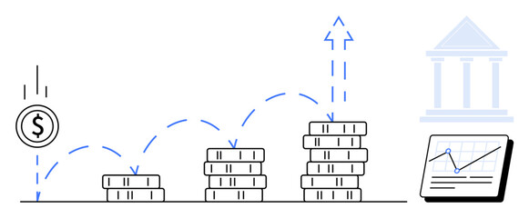 Fototapeta premium Coin stacks showing growth, an upward arrow indicating progress, a dollar symbol, a graph on a screen, and a bank facade. Ideal for investment, finance, success, economy banking savings simple