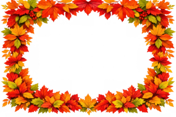 Autumnal leaves forming a colorful rectangular border, perfect for seasonal designs, backgrounds, or greeting cards. Transparent background
