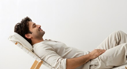 Man reclining on chair with eyes closed for relaxation and wellness concept, isolated on white background