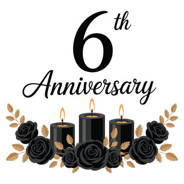 Sixth anniversary design features black candles and gold roses.
