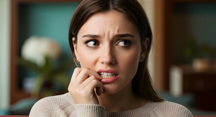 Woman talking on phone with worried expression, indoor scene