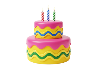 A two-tiered yellow birthday cake with vibrant pink icing, colorful wavy patterns, and three lit striped candles, on a transparent background with copy space, soft studio lighting. Birthday