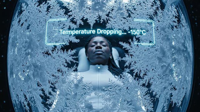 Woman in cryogenic pod as temperature drops to minus 150 degrees Celsius. Frost forming on her face during space freezing process. Futuristic sleep for interstellar travel concept.
