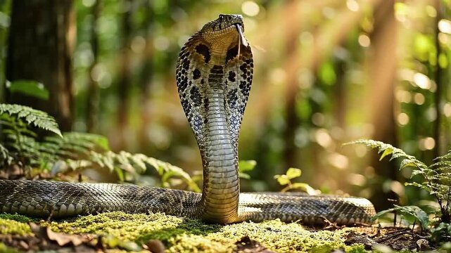 An exotic King Cobra with its hood flared aggressively, displaying its patterned scales and sharp fangs in a lush, green jungle environment with dappled sunlight filtering through the dense foliage
