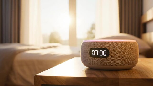 Cinematic closeup of smart speaker on bedside table transitioning from night to morning. Alarm clock displays 7:00 with changing light for wake-up routine in bedroom. Time passage visualization and