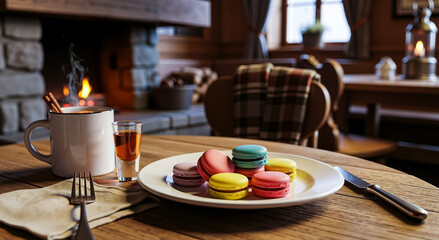 Colorful macarons on a plate with coffee by a cozy fireplace  