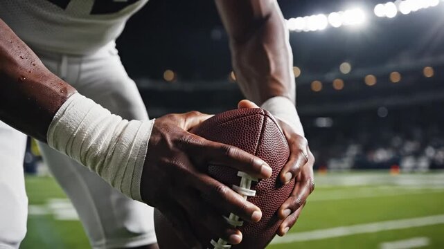 Athlete's intense grip on an American football, hands taped and ready, embodying focus and determination on a brightly lit sports field, anticipating the next play