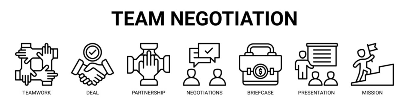 Team Negotiation web banner icon vector illustration concept with icon of Teamwork, Deal, Partnership, Negotiations, Briefcase, Presentation, Mission.