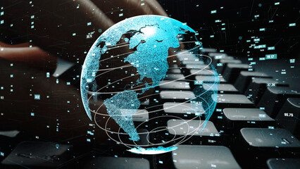 This image features an abstract digital globe superimposed on a computer keyboard, symbolizing global connectivity and the flow of information in technology. Xenic