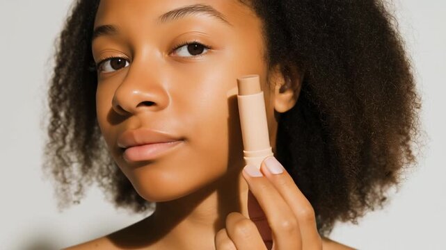 Young black woman applying a concealer stick to her face. Close-up of a model swatching foundation on her cheek. Beauty and skincare routine concept