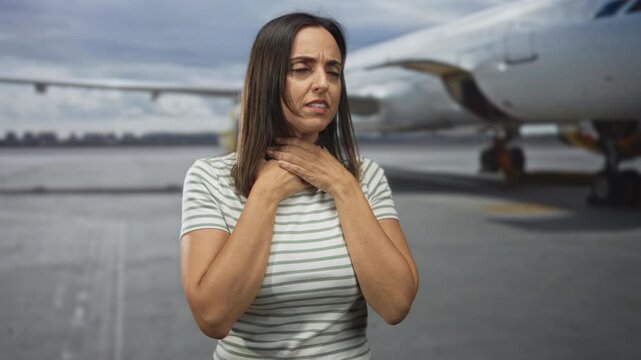 Woman holding throat and covering mouth beside a parked airplane on an airport tarmac, appearing to choke and gasp during travel; anxiety.