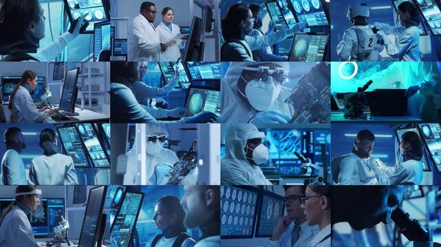 Technology, space exploration and medical concept. Scientists, astronauts, lab equipment and microscopes in biomedical innovations and clinical studies. Ideal for educational content.