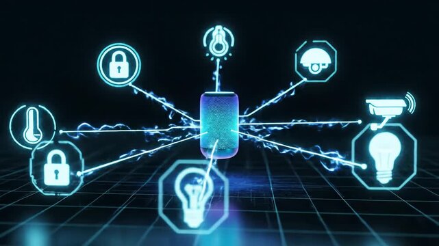 Smartphone connecting to smart icons in abstract 3d space. Digital network visualization showing iot device integration and home automation concept.