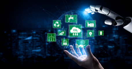 Fototapeta premium AI supports ESG practices by aligning ESG concept integrates environmental, social, and governance practices to promote sustainability, responsibility, and ethical business development Vouch