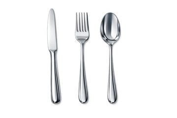 Shiny metal cutlery set with fork, knife, and spoon arranged for dining, isolated on a transparent background
