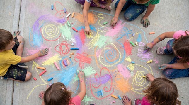 Children's creativity comes to life as they draw with colorful chalks. They are actively engaged, and their joyful collaboration creates vibrant artwork
