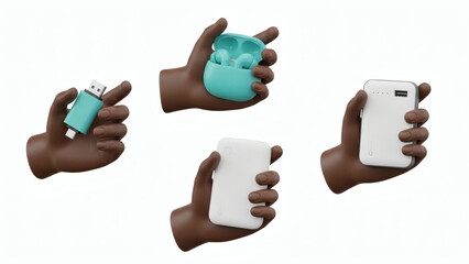 Four hands holding electronic gadgets, technology for everyday life