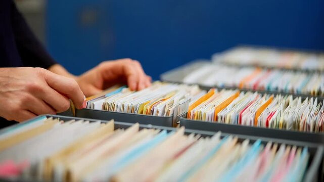 Medium shot of hands manually sorting letters into labeled trays showcasing precise mail categorization techniques in a busy office environment.