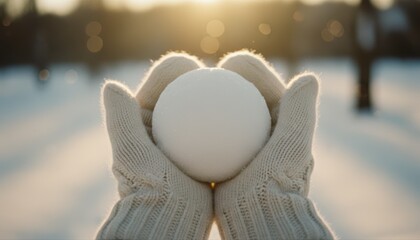 Close up of hands wearing cream knitted mittens holding a snowball against bright golden bokeh background.
