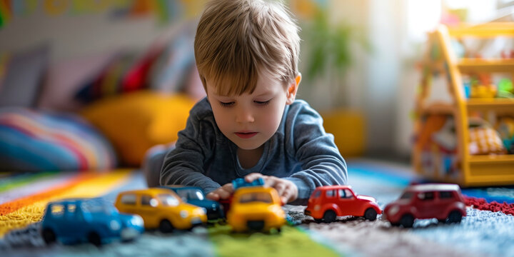 Young boy carefully lining up colorful toy cars in a row on the floor of a cozy playroom. Symbolic of focused play behavior often associated with autism spectrum traits