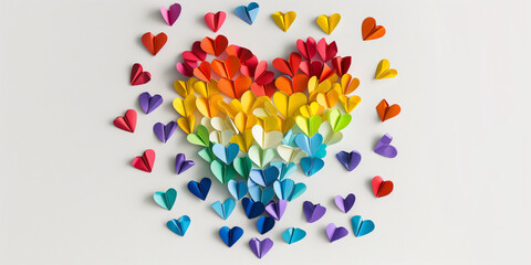 Obraz premium Colorful heart-shaped paper origami arranged in the shape of a large heart, forming a rainbow gradient on white background, symbolizing love, diversity, unity, and LGBTQ pride