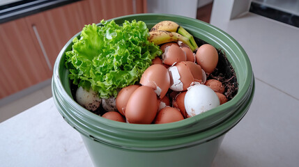 Close up of organic kitchen waste for composting. Eggshells, lettuce, and banana peels in compost bin. Sustainable living and zero waste lifestyle