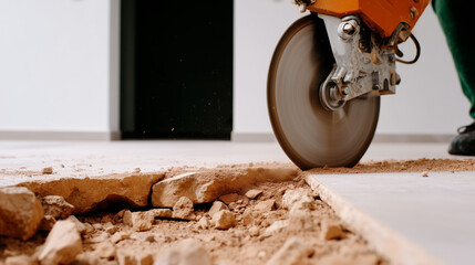 Close up of a construction worker cutting a concrete floor with a power saw. Industrial circular saw blade grinding cement during demolition. Home improvement and building renovation