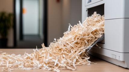Close up of paper shredder destroying documents in office. Shredded paper overflowing from machine on wooden desk. Data security and confidentiality concept