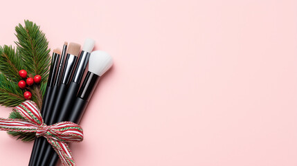 Set of professional makeup brushes with Christmas decoration. Holiday beauty gift on pink background. Top view flat lay with copy space for winter sale or cosmetic promotion