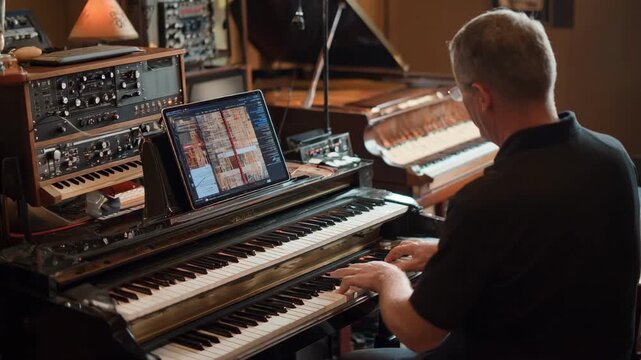 Jazz artist interacting with AIdriven instrument simulator producing dynamic jazz improvisation melodies surrounded by vintage equipment.