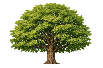 Fototapeta premium Large green leaf tree with thick trunk and lush foliage against transparent background, symbolizing nature and growth