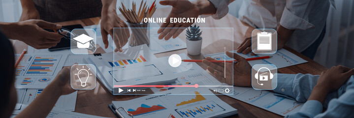 Engaging online education scene featuring diverse participants collaborating and discussing on data analysis with visual aids, enhancing learning experiences. Trope