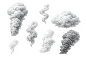 Abstract smoke, steam, and vapor elements forming various shapes, puffs, and clouds on a transparent background