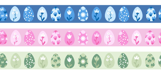 Easter seamless border with decorative eggs and floral ornaments. Pastel spring holiday pattern strip. Easter celebration design concept for design and print.